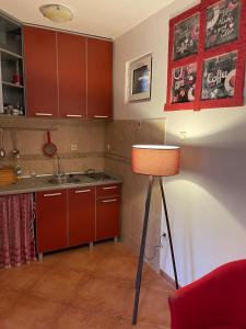 安吉Comfortable Villa Oliva的一间厨房,里面装有红色橱柜和一盏灯