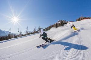 维哥迪法萨Sport Hotel Passo Carezza的两个人在雪覆盖的斜坡上滑雪