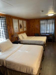 南福克云杉旅馆的带木墙和窗户的三张床的客房