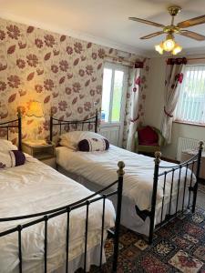 卡菲利Prince of Wales inn的一间卧室配有两张床和吊扇