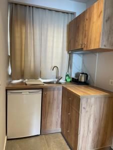 卡尔扎迈纳SunBeam的一个带木制橱柜和水槽的小厨房