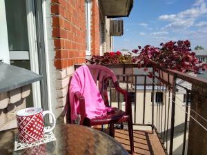 马多纳Brīvdienu dzīvoklis的一张粉红色的椅子,坐在阳台上,配有桌子