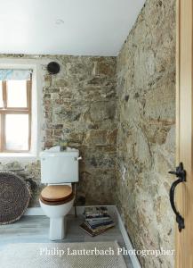 Coolkenna StreetKilquiggan Cottages的浴室配有白色卫生间和石墙。
