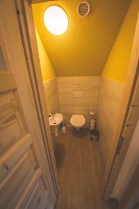 多尔尼莫拉瓦Chalupa Petra的一间带卫生间和黄色天花板的浴室