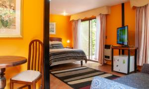 奥尔穆埃Hostería y Spa Llano Real的一间卧室设有橙色的墙壁、一张床和一张桌子