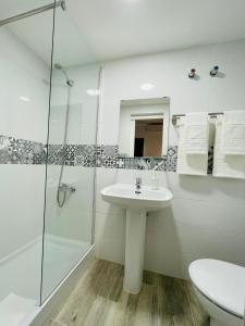 多列毛利诺斯Micaela Charming Hostal的白色的浴室设有水槽和淋浴。