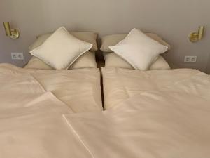 德累斯顿Idyllische Fewo Belling Spa - eigene Sauna und E-Ladesäule的一张带白色床单和枕头的床