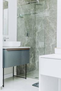 约翰内斯堡Luxury Rosebank Apartment with backup power的一间带水槽和玻璃淋浴的浴室
