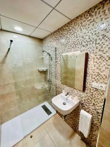 托尔托萨托尔托萨公园酒店的一间带水槽和淋浴的浴室