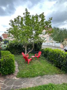 塞莱斯塔Villa Schmitt的树下两个红色长椅和一个桌子