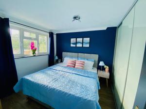 沃金Cloud9StayZ at The Leafield的卧室拥有蓝色的墙壁,配有一张带粉红色枕头的床。