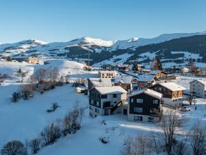 布赖尔Ferienwohnung Tschuppina Schiess的一座被雪覆盖的小镇,以群山为背景