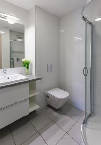 塞格德Dobó Apartman的浴室配有卫生间、盥洗盆和淋浴。