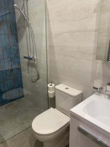 考纳斯Happy Inn的带淋浴、卫生间和盥洗盆的浴室