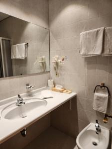 多比亚科Hotel Dolomiten的浴室设有2个水槽、镜子和卫生间。
