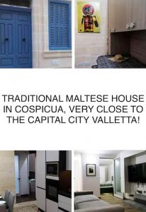 科斯皮夸TOP RATED Traditional Maltese house close to Valletta RARE FIND的酒店房间三张照片的拼贴画