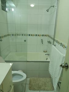 利马Miraflores View的带淋浴和卫生间的白色浴室