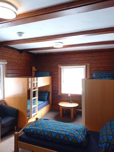 巴拉胡利什Glencoe Youth Hostel的客房设有两张双层床和一张桌子。