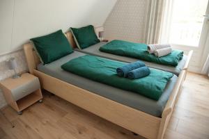 HoogersmildeHeerlijk genieten.的卧室内的两张床和绿色枕头