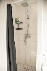 HoogersmildeHeerlijk genieten.的浴室内配有黑色淋浴帘和淋浴