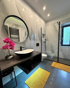 凯斯特海伊Luxury Apartments Keszthely的一间带水槽和大镜子的浴室