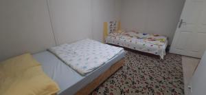 安塔利亚Gelidonia Fenerium Holiday Home的配有两张单人床的客房,铺有地毯