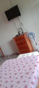 马尔多纳多港koryares haushostel的一间卧室配有一张床、梳妆台和风扇