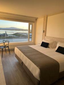 纳塔列斯港Hotel Costanera的一间卧室设有一张大床和大窗户