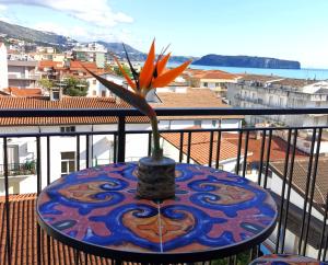 普拉亚·阿马勒Hotel TEA - Praia a Mare的阳台上的花瓶里放着花的桌子