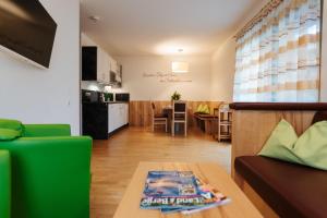 特洛普拉赫Burgls Apartmenthaus的客厅以及带沙发和桌子的厨房。