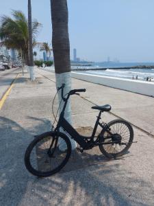 博卡德尔里奥HOTEL INTI的停在棕榈树旁边的人行道上的自行车