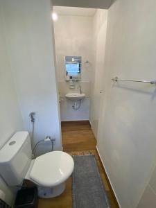 坎皮纳斯Apart 2 suítes Prox Cambuí Wi-Fi Gar Var Note Pet ap21的一间带卫生间和水槽的小浴室