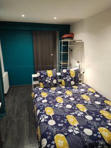 勒阿弗尔Le Havre, 1 chambre , appartement Sympa en centre ville的一间卧室配有一张蓝色和黄色的被子