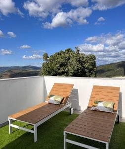 阿马马尔Douro Valley Terrace Apartments的两把长椅坐在阳台顶