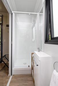惠灵顿2 Peas In A Pod的带淋浴和白色盥洗盆的浴室