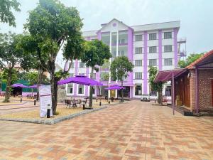 格卢市社Khách sạn Vĩnh Hoàng的粉红色的建筑,前面有紫色的伞