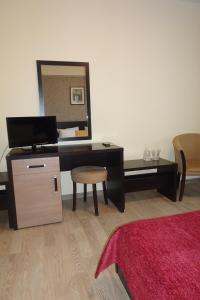 普洛耶什蒂Hotel Nord的客房设有书桌、椅子和镜子