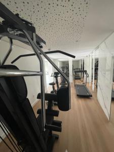 阿格德角Oz'Inn Hôtel & Spa的一间健身房,里面设有数台跑步机和跑步机