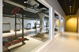 那慕尔ibis Styles Namur的一间健身房,里面设有数个健身器材