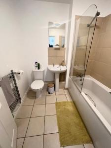 HeeleyCheerful Heeley Home的浴室配有卫生间、盥洗盆和淋浴。