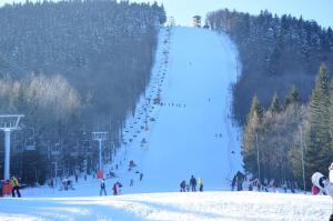 SokołowskoStara Poczta Apartament的一群人,在雪覆盖的滑雪场