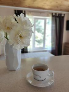 敖德萨Guest House Odessa Sea的一杯咖啡和一瓶白花花瓶