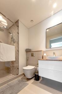 迪拜First Class 1BR Apartment in Dubai Hills - next to Dubai Hills Mall的一间带水槽、卫生间和镜子的浴室