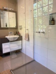 ForthForth River Cottage的一间带玻璃淋浴和水槽的浴室