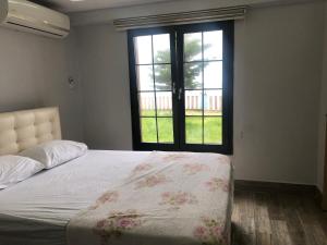 特拉布宗Seyran Seaside Apartments- 2-garden floor的一间卧室设有一张床和一个大窗户