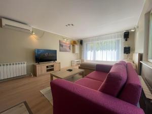 塔尔图Hubane saunaga kodumajutus Tartu linna südames的客厅配有紫色沙发和电视