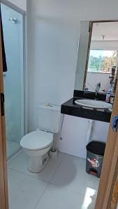 巴雷里尼亚斯Lençóis Confort - Apartamento的一间带卫生间、水槽和镜子的浴室