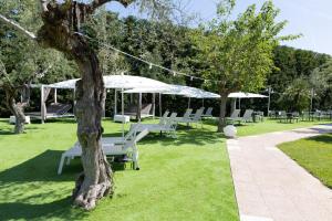 科拉托阿皮亚古道酒店的公园里的一组白色椅子和遮阳伞