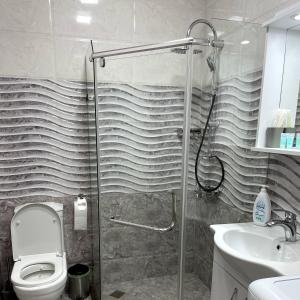 巴统Angel Apartment in Porta Batumi的带淋浴、卫生间和盥洗盆的浴室