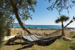 法拉萨纳Mera Beachfront House - Falasarna的海滩上树上的吊床